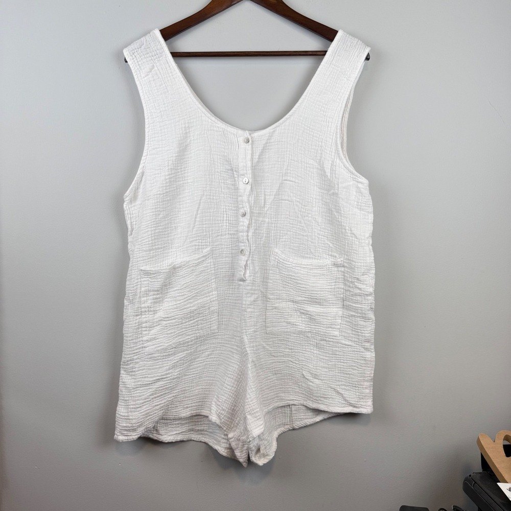 4our Dreamers‎ Womens Romper XL White Gauze Button Front Pockets Beach Relaxed